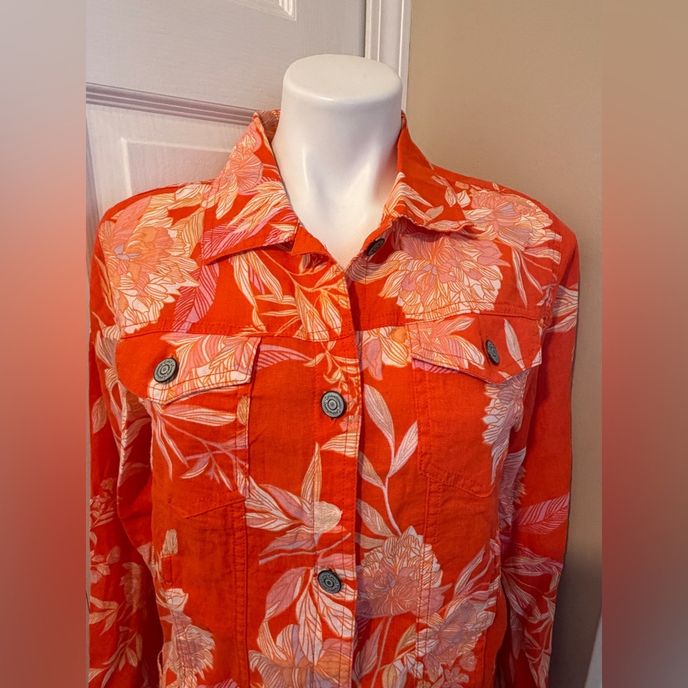 Cynthia Rowley Orange Floral Linen Spring Jacket, Size M